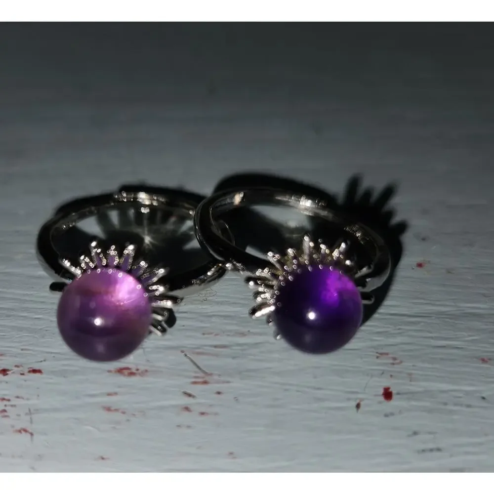 Adjustable Amethyst Gemstone Rings Purple Stone Silver Tone Set of 2